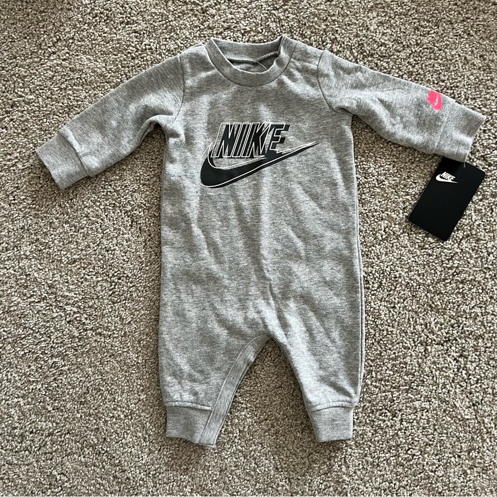 Baby girl gray Nike sweatshirt romper. Nike one piece outfit